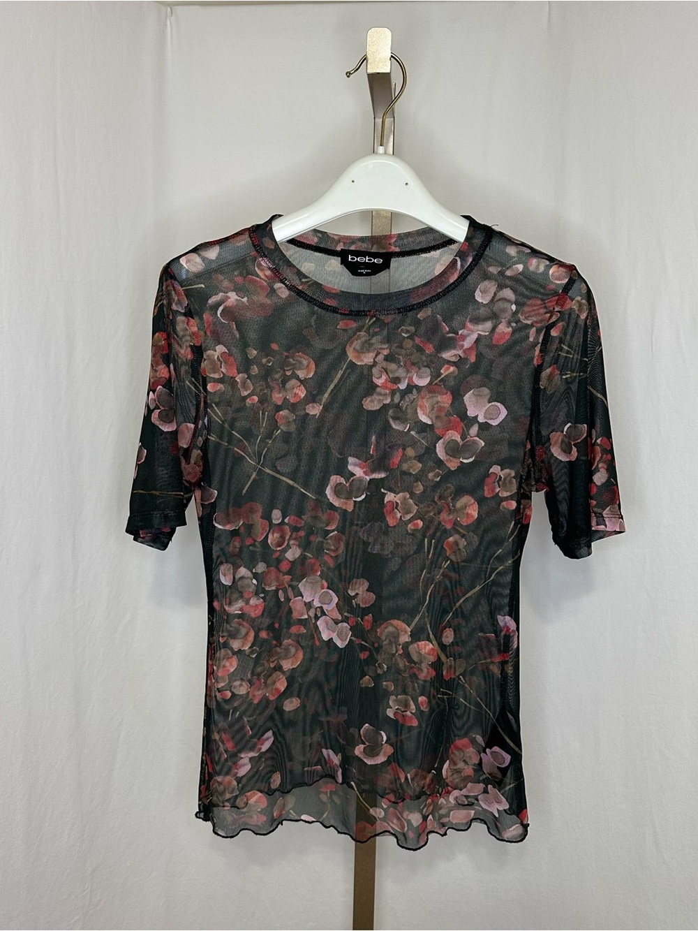 bebe Black Sheer Floral Mesh Short Sleeve Top with Pink Accents